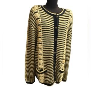 SOUTH COTTON Cardigan Sweater Hand Knit Loomed Black Yellow Floral Stripe SZ LG